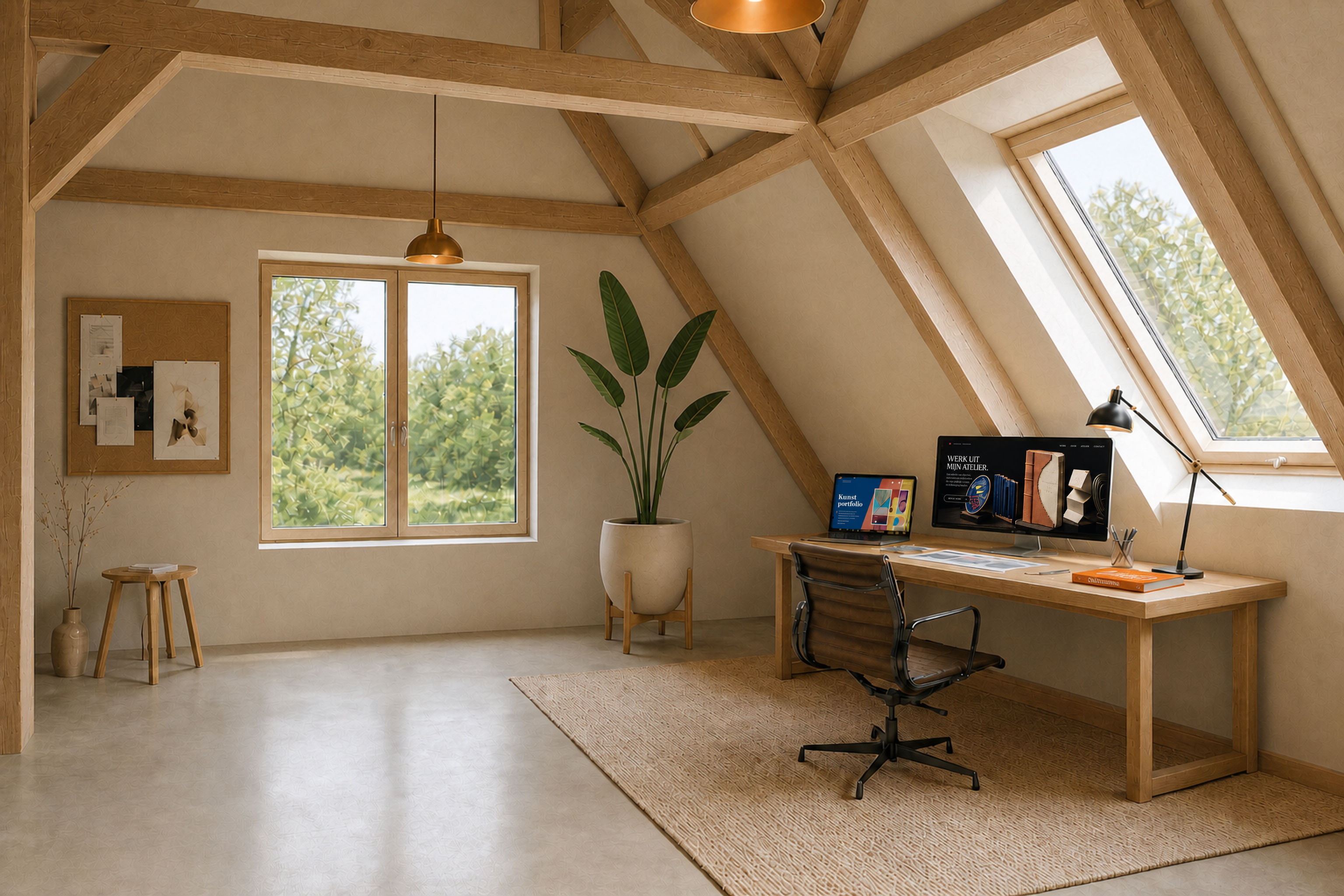 Hoog digitaal zolderatelier van Atelier Bastique met boszicht, een grote groene plant, een tekentafel op een lichte gietvloer, de Atelier Bastique-landingspagina op het grote scherm en het Bastronomie-kookboek op het bureau