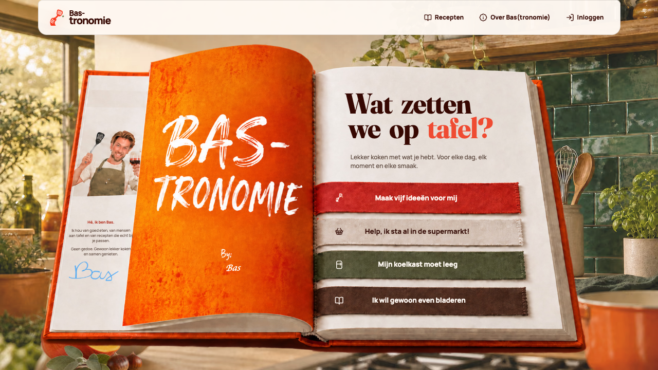 Actuele Bastronomie-startpagina met het open kookboek, de vraag Wat zetten we op tafel en vier stoffen linten
