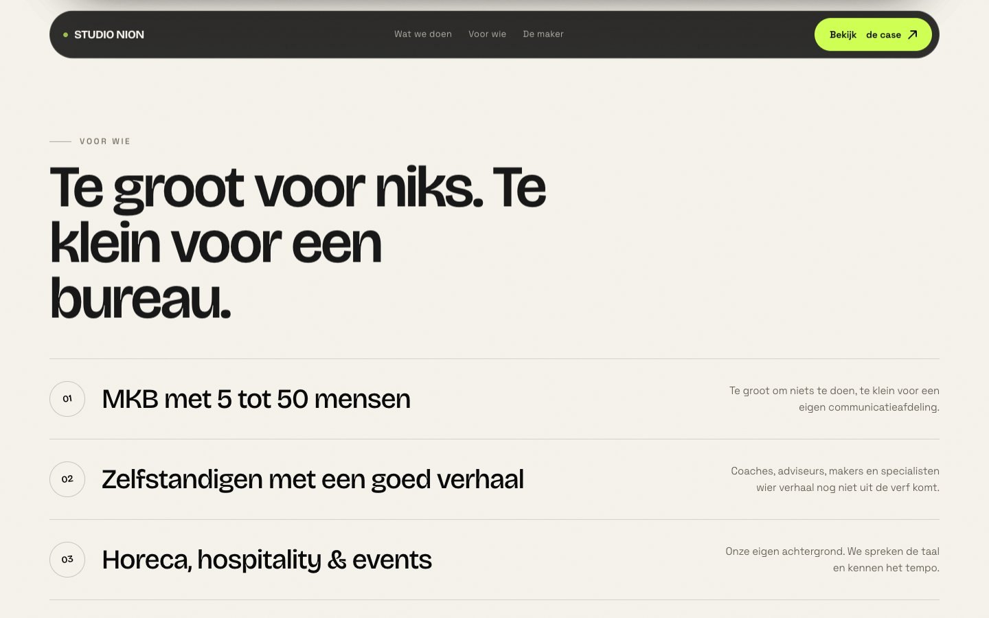 Studio Nion met genummerde doelgroepen en korte toelichtingen