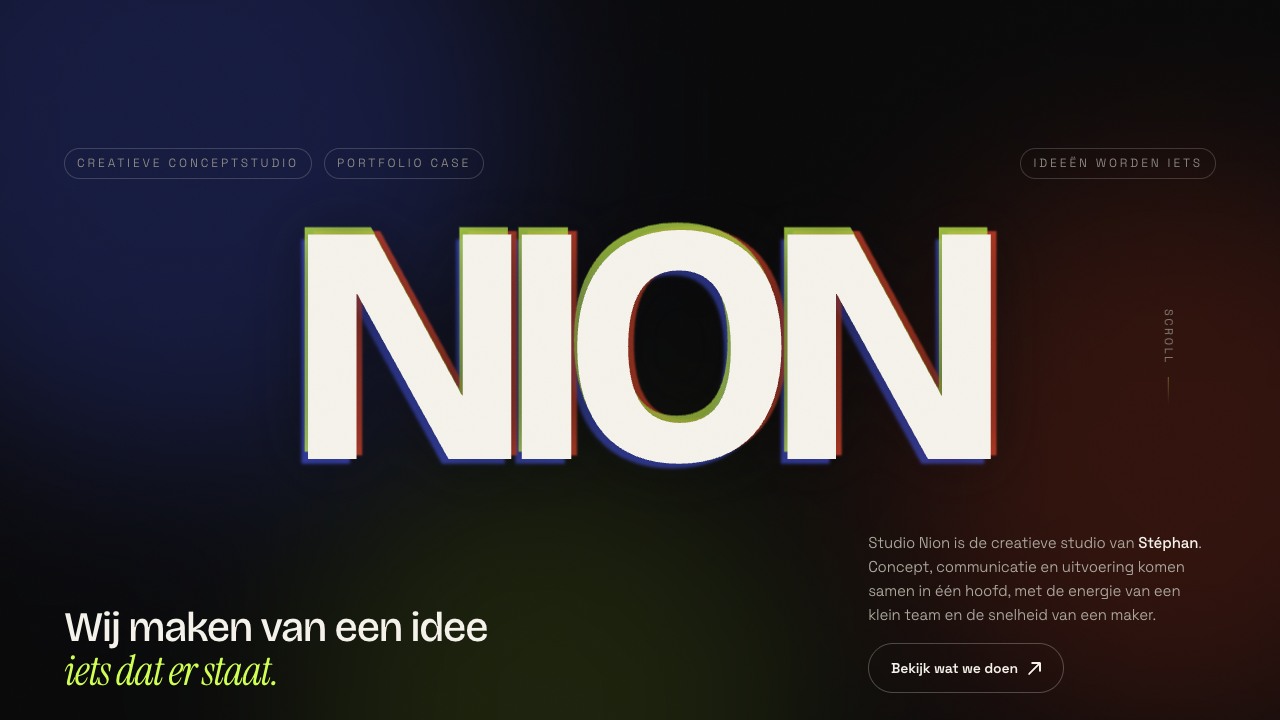 Startpagina van Studio Nion met de driedimensionale Nion-woordmarkering